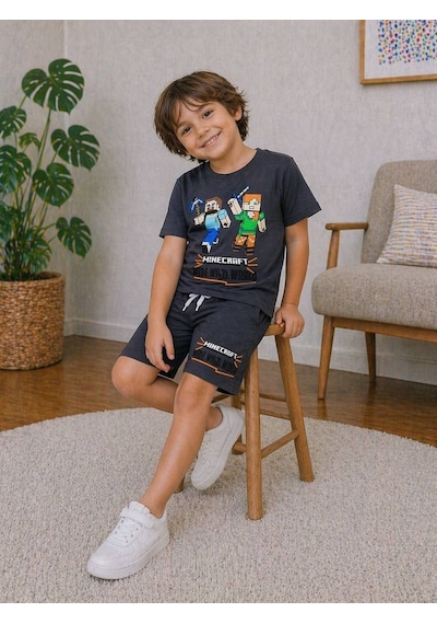 Miniko Kids Erkek Çocuk Mınecraft Desenli Pamuk Şortlu Takım Füme