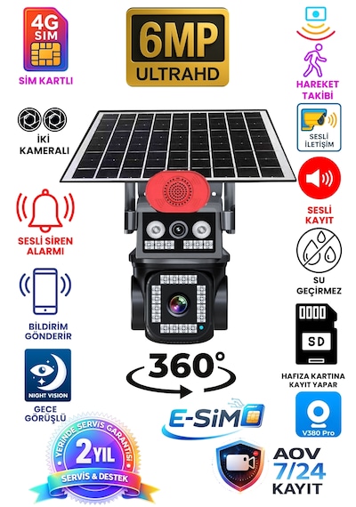 2 Kameralı Sim Kartlı 7/24 Kayıt Yapabilen Gece Görüşlü Güneş Panelli Güvenlik Kamerası