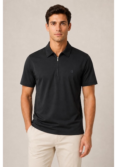 Alexander Gardi Teknik Kumaş Fermuarlı Polo T-shirt Siyah