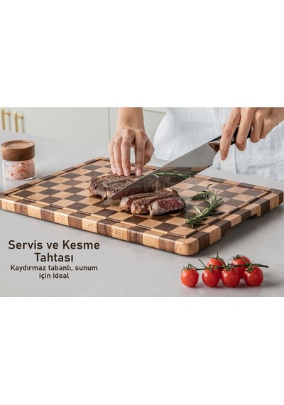 Valkyrie Doğal Akasya Ahşap Kesme Tahtası 43x33 Cm Kaydırmaz Tabanlı, Profesyonel Servis & Sunum Tahtası Diğer