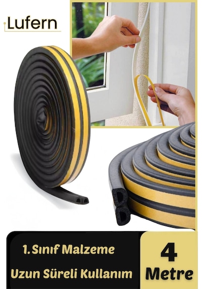 4 Metre Siyah Pvc Doğrama Kapı Pencere Soğuk Geçirmez Sızdırmaz İzolasyon Fitil Yapışkanlı 2x2 4 Mt 4 M