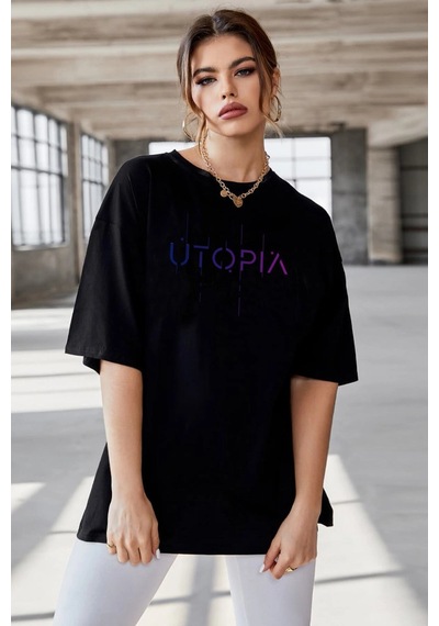 Oversize Utopia Baskılı Siyah Tshirt Nrage159 Siyah