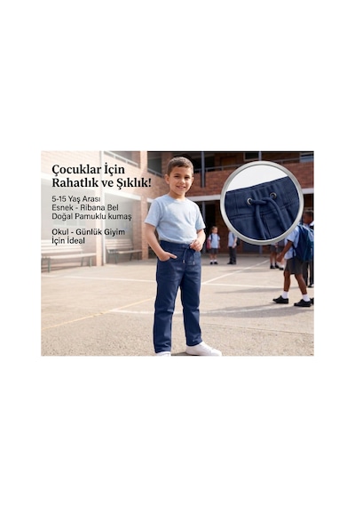 Erdem Kıds Unisex Erkek Kız Çocuk Ribana Bel Lastikli Boru Paça Kanvas-keten Keten Lacivert Okul Pantolonu Lacivert Lacivert