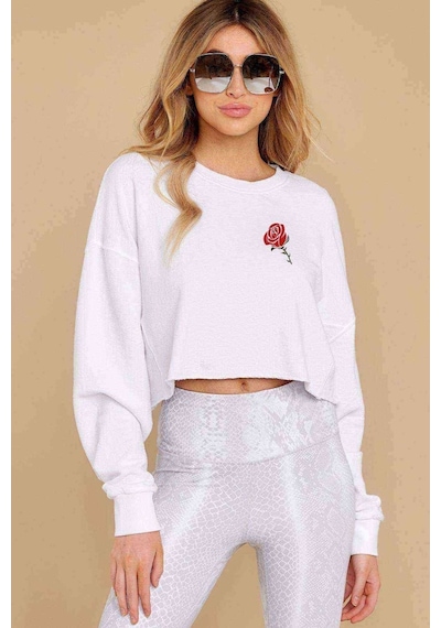 Silhouette Lotus Flower Baskılı Crop Kadın Beyaz Sweatshirt