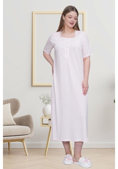 Mecit Pijama Mecit 6049 Pembe Büyük Beden Kısa Kollu Kadın Gecelik Pembe
