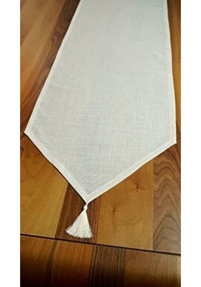 Simli Keten Runner Püsküllü, Kırık Beyaz, 45x150cm Açık Bej