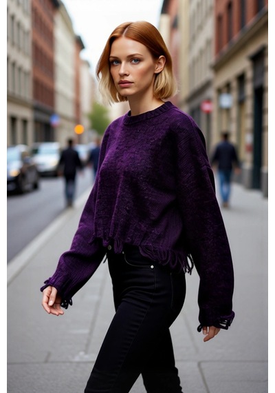 Ersefa Kadın Casual Crop Oversize Bisiklet Yaka Triko Kazak Düşük Kol Ak Mor