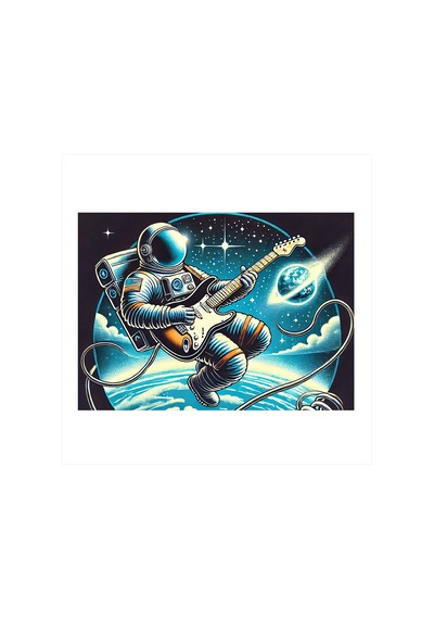 Uzayda Gitar Çalan Astronot Desenli Ahşap Tablo
