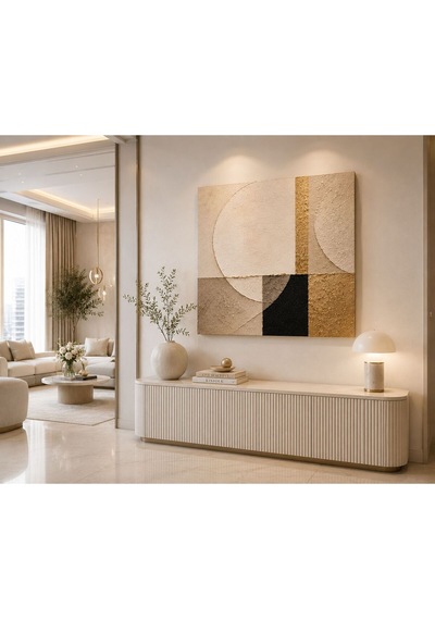 Modern Soyut Geometrik Kare Kanvas Tablo Gold Detaylı Bej Krem Minimalist Luxury Salon, Yatak Odası Ve Ofis Duvar Dekoru Çerçevesiz Premium Duvar Tablosu