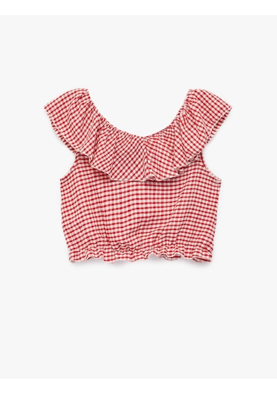 Koton Fırfırlı Kolsuz Düşük Omuz Ekoseli Crop Bluz Kırmızı Ekoseli 6skg60064ak Kırmızı