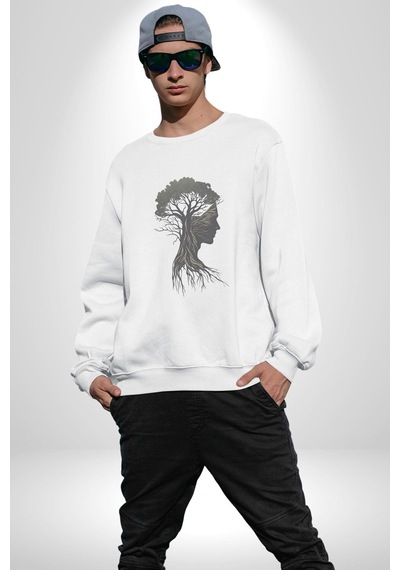 Toprak Köksalmış Ağaç Kadın Unisex Beyaz Baskılı Sweatshirt Beyaz