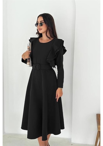 Neşeli Butik Kadın Kol Fırfırlı Kemerli Midi Boy Elbise Nbk4309 Siyah