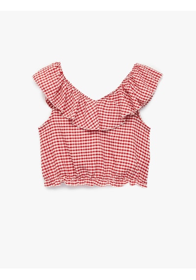 Koton Fırfırlı Ekoseli Crop Kız Çocuk Bluz 6skg60064ak Kırmızı