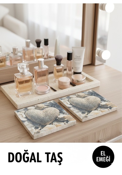15x15 Gri Kalp Desenli Doğal Taş 2 Li Set Dekoratif Duvar Ve Masa Süsü Krem