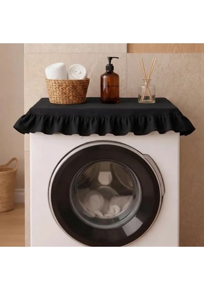 Fırfırlı Çamaşır Makinesi Örtüsü - Çeyizlik Dekoratif Banyo Makine Kılıfı- Siyah