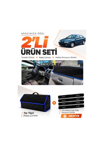 E-biz Renault Laguna 1 Aırbagli 2000-2007 Uyumlu Torpido + Tay Tüyü Çanta - Siyah-mavi - Re032