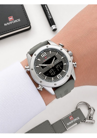 Naviforce Silokon Kordon Dijital & Analoğ Mekanizma Bileklik Hediyeli 3 Atm Erkek Kol Saati Nf9264.3 Gri