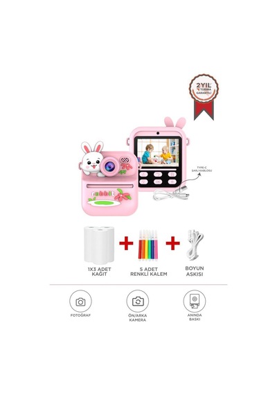Torima Cmr-33 Pembe Dijital Video Kayıt Fotoğraf Çocuk Kamerası Termal Resim Kağıt Baskılı Yazıcı