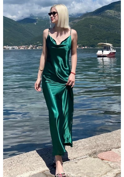 Madmext Mad Girls Yeşil Uzun Saten Elbise Mg1408 Yeşil