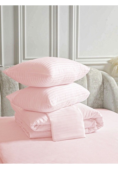 Line Pembe Pamuk Saten Çift Kişilik Nevresim Takımı Lastiksiz Çarşaflı 4 Parça Set Pembe