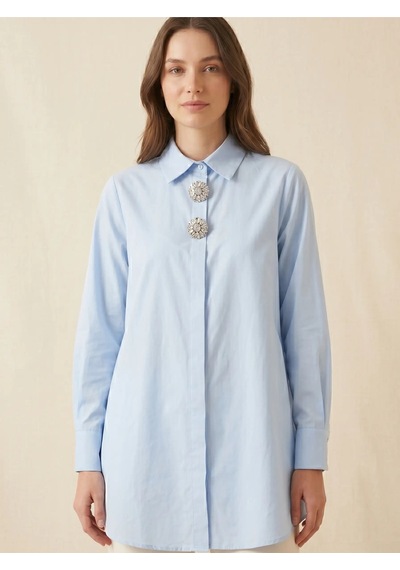 Crystalia Kadın Oversize Gömlek - İkonik Taşlı Düğme Detaylı Şık Tunik Bebe Mavisi