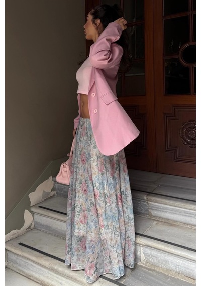 Madmext Ekru Çiçek Desenli Vintage Şifon Maxi Etek Mg2776