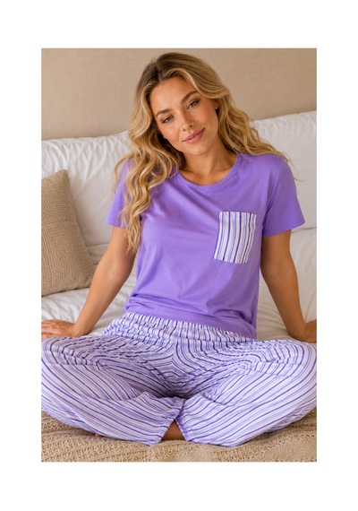 Fit Women Lila Çizgili Cepli Kısa Kollu Pijama Takımı 4651-lila