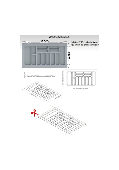 Çekmece İçi Kaşıklık Ve Kepçelik 86x49 Cm 78x40 Ölçülerine Kadar Kesilebilir Gri