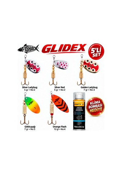 Fishack Glidex 5'li Döner Kaşık Seti + Klima Bombası  - Silver Ladybug 5 Gr No:2 + Golden Ladybug 7 Gr No:3 + Orange Flash 12 Gr No:4 + Gökkuşağı 7 Gr No:3 + Silver Red 5 Gr