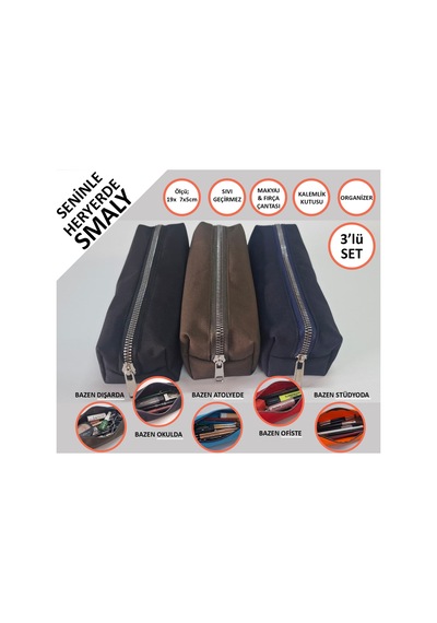 Kalemlik 3lü Set/paket Organizer Makyaj Çok Amaçlı Pinterest Okula Dönüş Çantası Tek Bölmeli Siyah+haki+lacivert