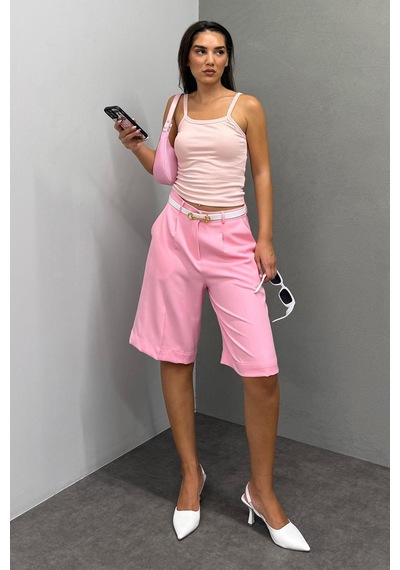 Madmext Pembe Pileli Kadın Bermuda Şort Mg2483 Pembe