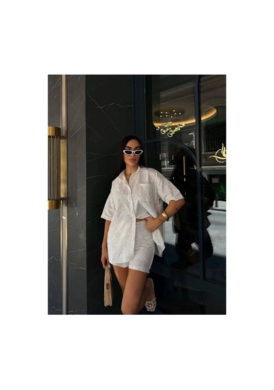 Nido Moda Kadın Oversize Fisto Gömlek Ve Beli Lastikli Şort İkili Takım Beyaz