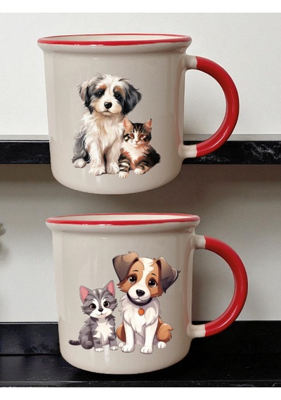 Kedi Köpek 2'li Ağzı Kırmızı Kupa - Kız Çocuğuna Hediye, Babaya Hediye Fikirleri, Kutu Hediye Ürünü Beyaz