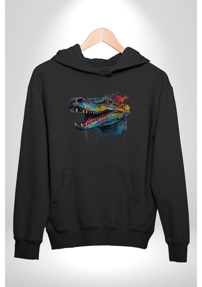Timsah Renkli Kafası Kadın Erkek Siyah Kapüşonlu Sweatshirt Hoodie Siyah