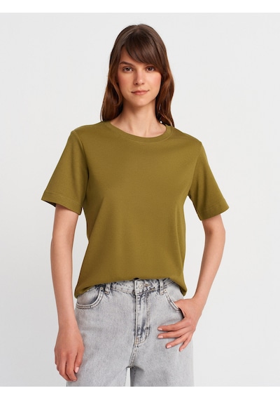 Dilvin 31757 Bisiklet Yaka Dikiş Detaylı T-shirt-yağ Yeşil Yağ Yeşil