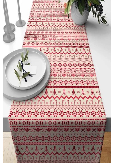 Kırmızı Christmas Desen Premium Masa Örtüsü Runner Rnr564n11