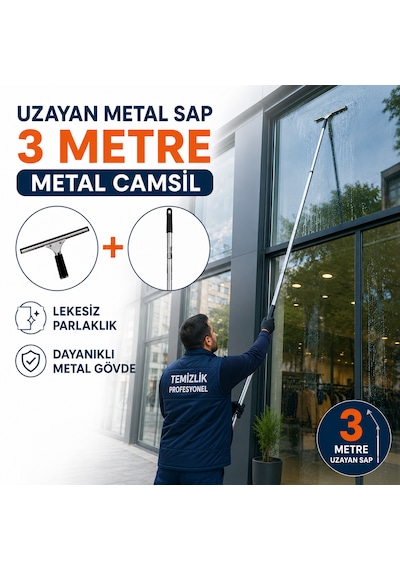 3m Uzayan Saplı Metal Camsil Seti 35 Cm Profesyonel Cam Temizleme Aparatı Açık Gri