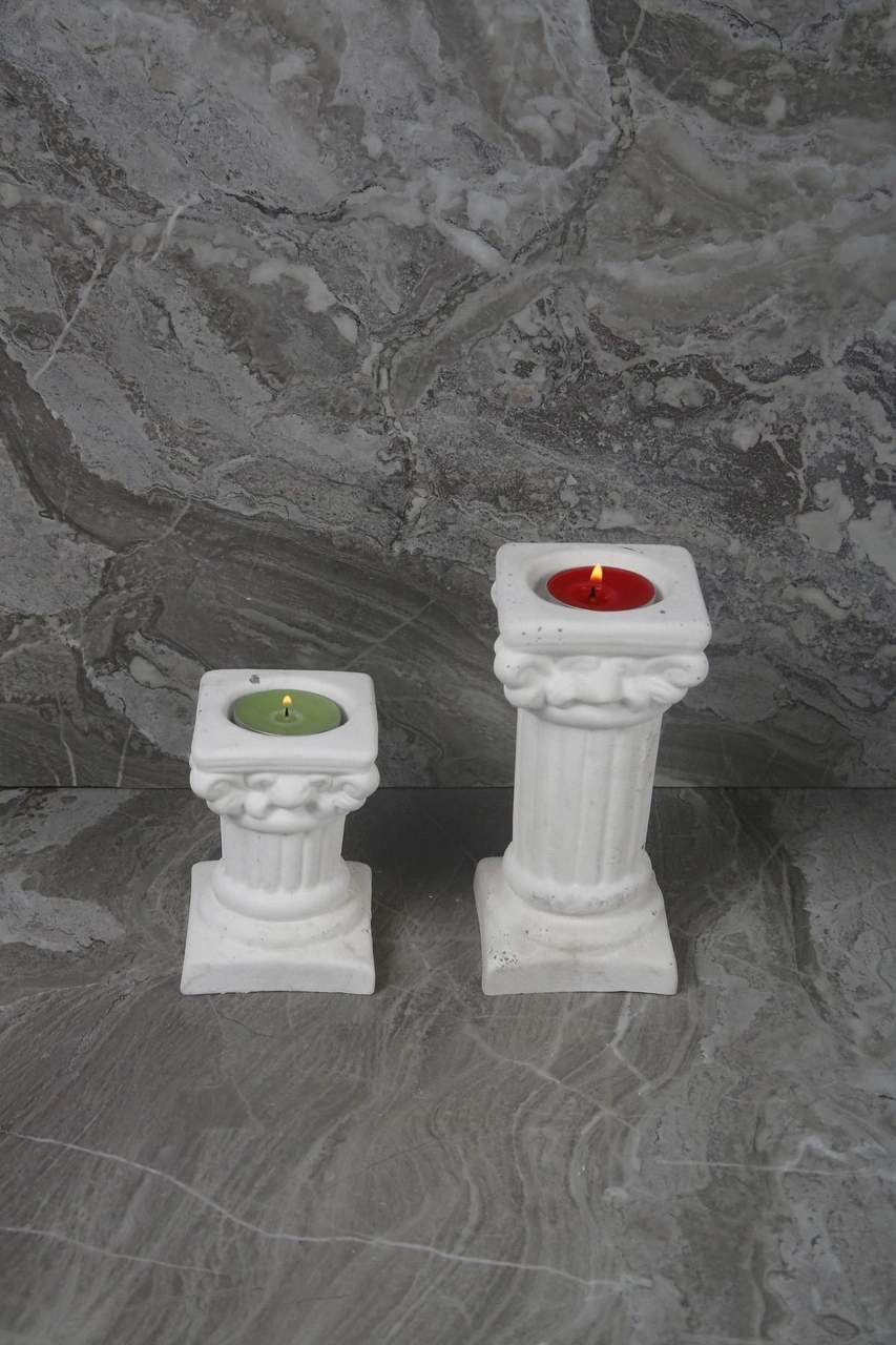 Dekoratif Antik Roma Sütun Şeklinde Beton Tealight Mumluk Set 2 Parça Beyaz