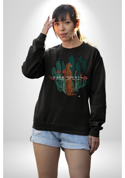 Kaktüs Çita Unisex Siyah Baskılı Sweatshirt Siyah