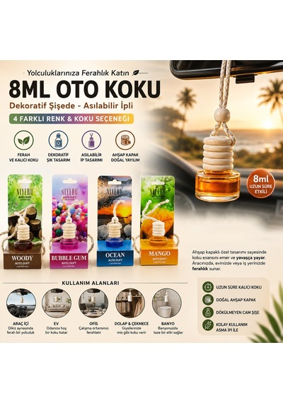Niyebu Oto Ve Araç Kokusu 8ml Cam Şişe İpli Ahşap Kapak - 24'li Paket