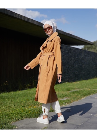 Vioshine Kadın Kruveza Yaka Kuşaklı Kot Trençkot-camel Camel