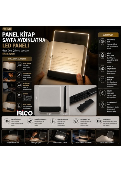 Lunaev Lıght Panel Kitap Sayfa Aydınlatma Led Paneli Kitap Okuma Pilli 15x17 Cm İ10 - 027 .