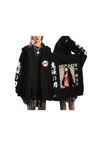 Tarzsokak Manga Baskılı Fermuarlı Sweatshirt Demon Slayer Mod.23 14550 Siyah