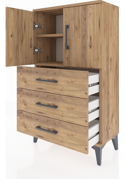 Arges Komodin 2 Raflı 3 Çekmeceli 2 Kapaklı 60x30x106 Çam-çam Çam