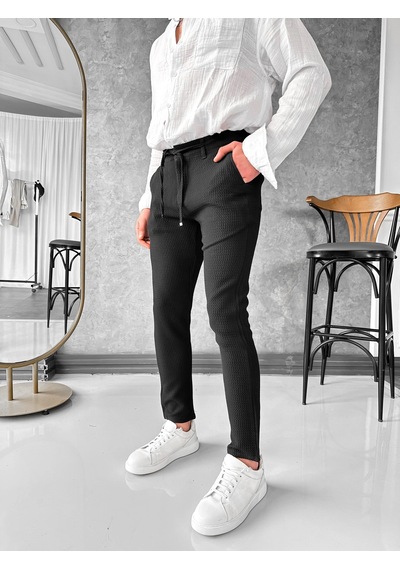 Modefendi Örgü Desenli İp Detaylı Jogger Pantolon Siyah