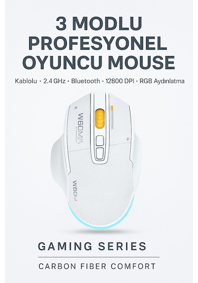 W601 Tri-mode Gaming Mouse 12800 Dpı, Rgb, Bt + 2.4ghz + Kablolu, Type-c Şarjlı Oyuncu Mouse 601
