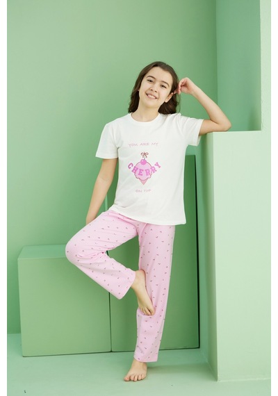 Siyah İnci Pamuklu Bisiklet Yaka Örme Pijama Takım25117085 Ekru