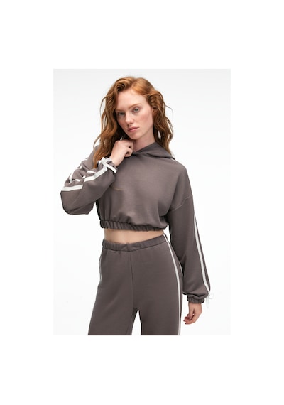 Grimelange ROSELLE Kadın Kapüşonlu Yan Şeritli Kurdele Detay Crop Antrasit Sweatshirt