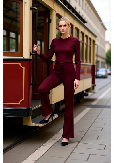 Benerly Kadın Alt Üst Düz Renk Fit Kesim Uzun Kollu Crop Üst Rahat Kalıp bordo