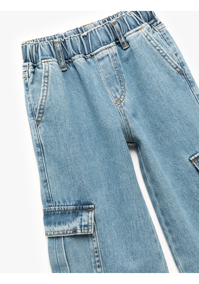 Koton Pamuklu Cep Detaylı Geniş Paça Kargo Denim Pantolon Lıght Indıgo 6wkg40026ad Açık Mavi